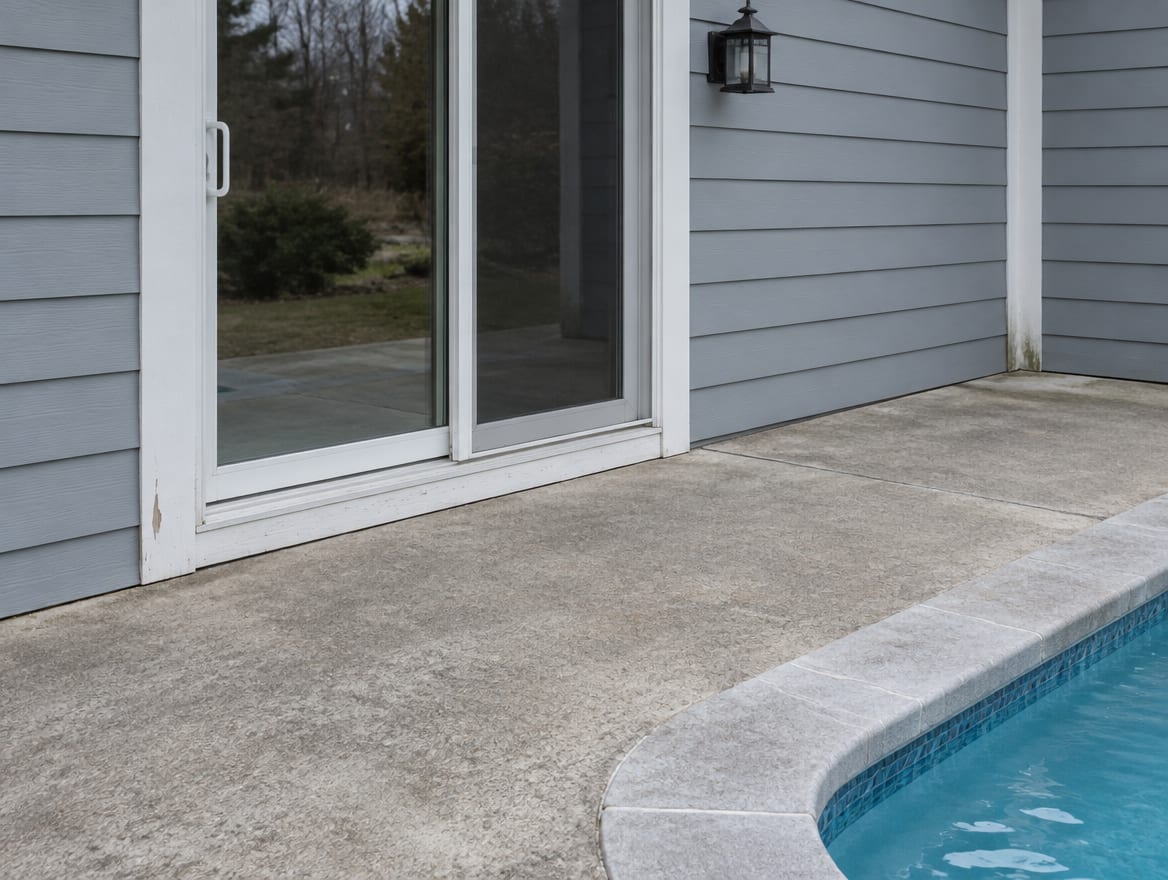 Back of a house with a glass door opening directly onto a pool deck