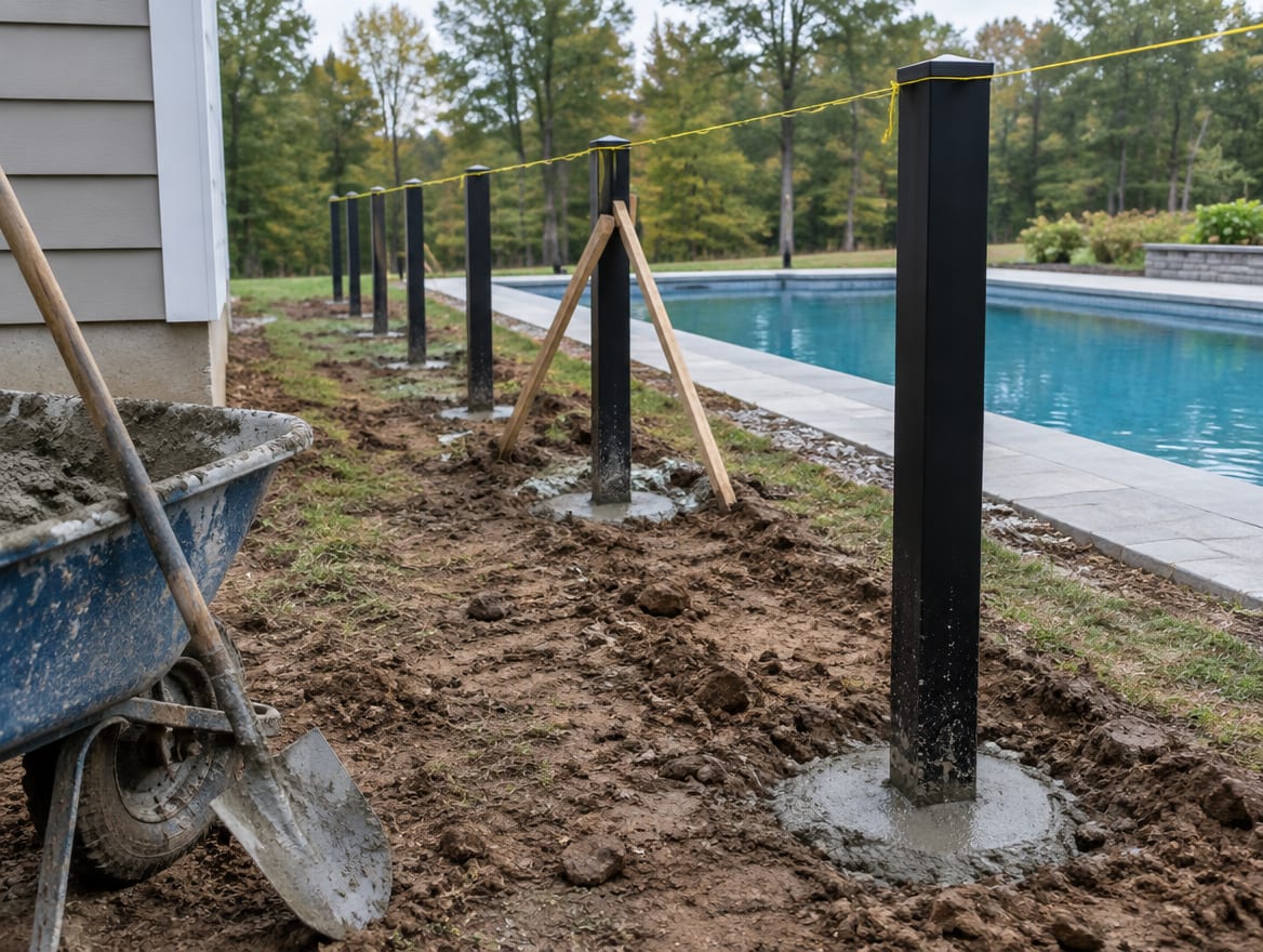Crew setting aluminum fence posts in a line between a house and a pool