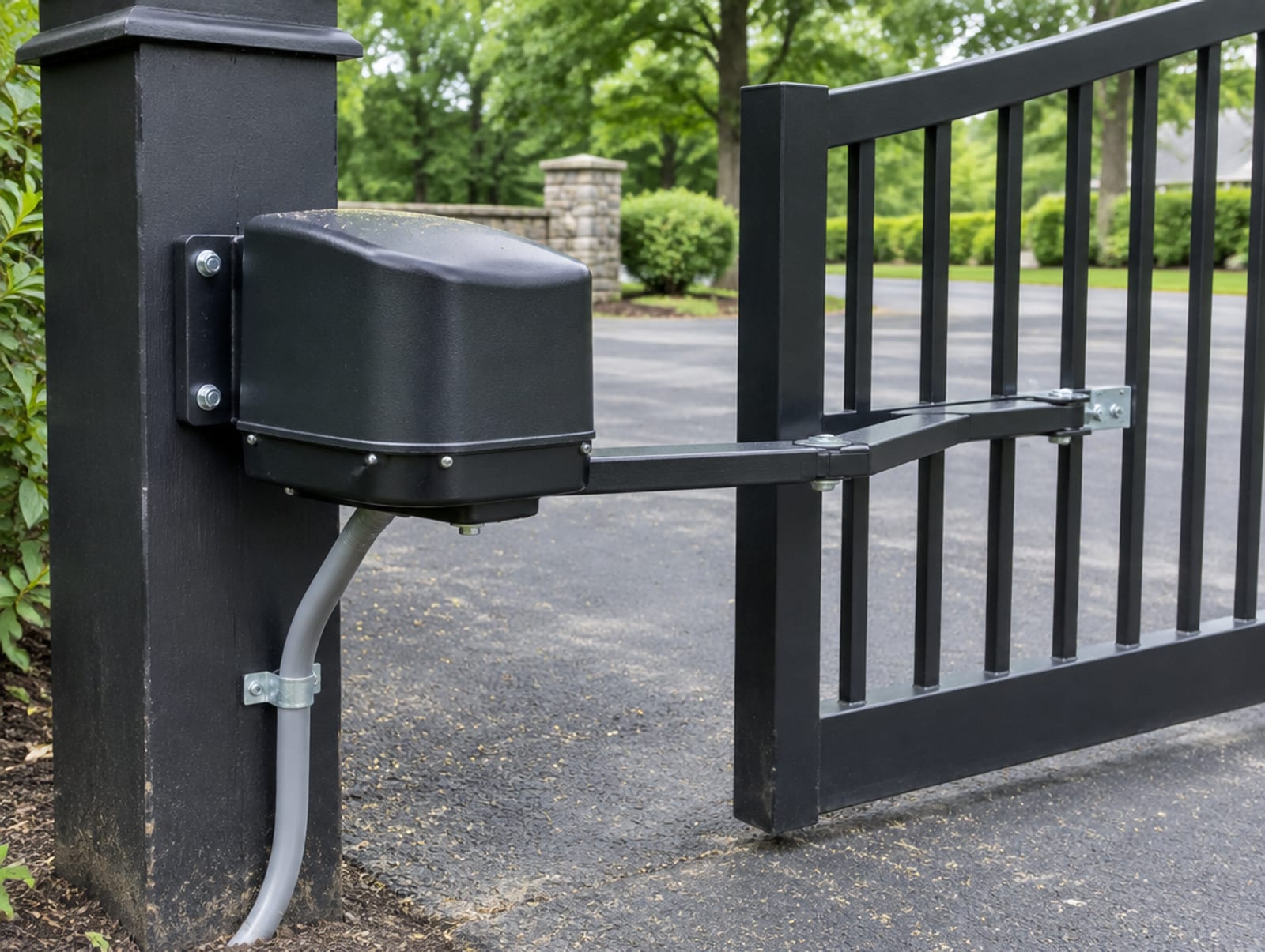 Above-ground arm operator mounted on a gate post with the articulated arm attached to the gate
