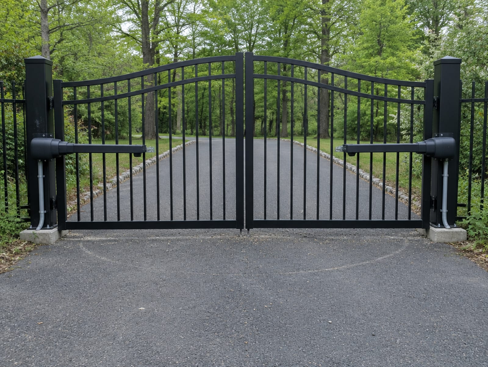 Closed pair of driveway swing gates with an arm operator mounted on each post
