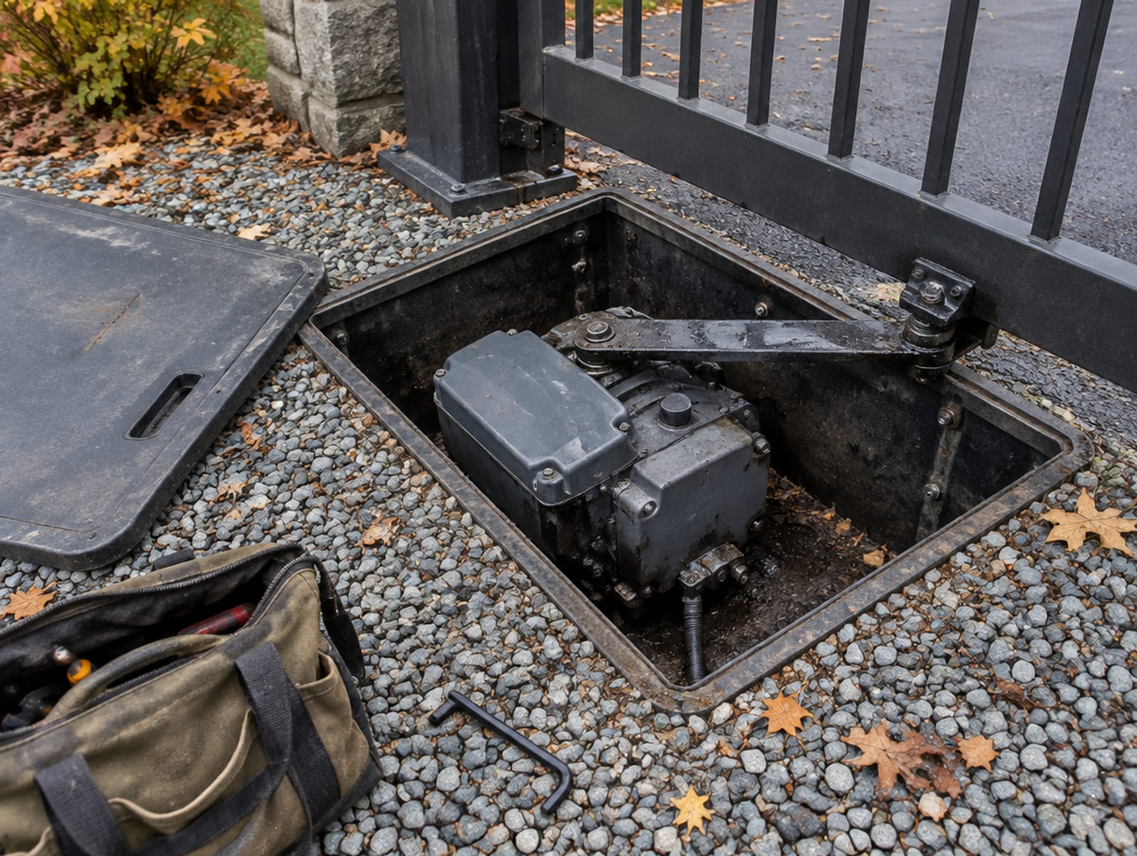 Technician with the cover removed from an in-ground gate operator box, working on the unit
