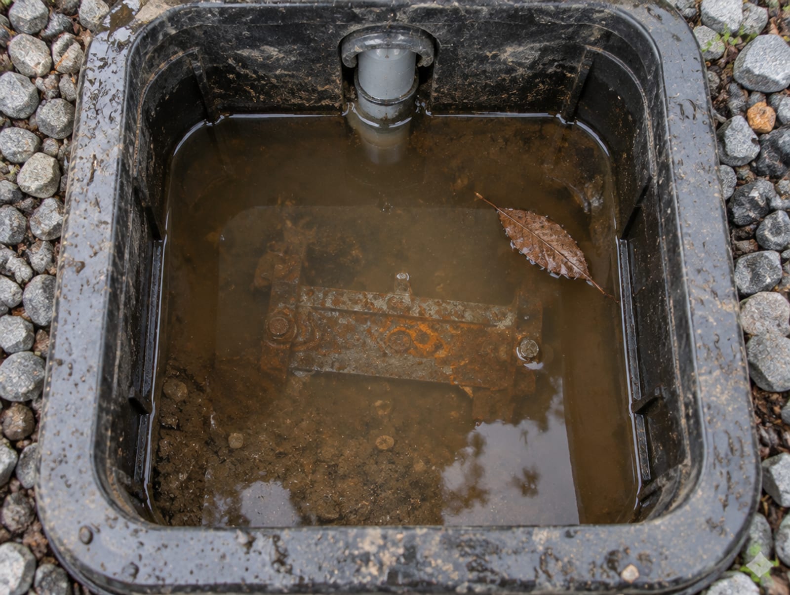 Open in-ground gate operator box with water pooled in the bottom beside a gate post