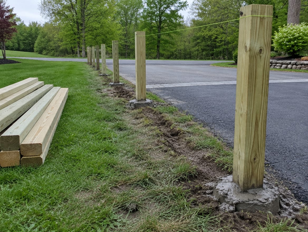 A fence under construction beside a driveway opening, with posts set and rails not yet attached