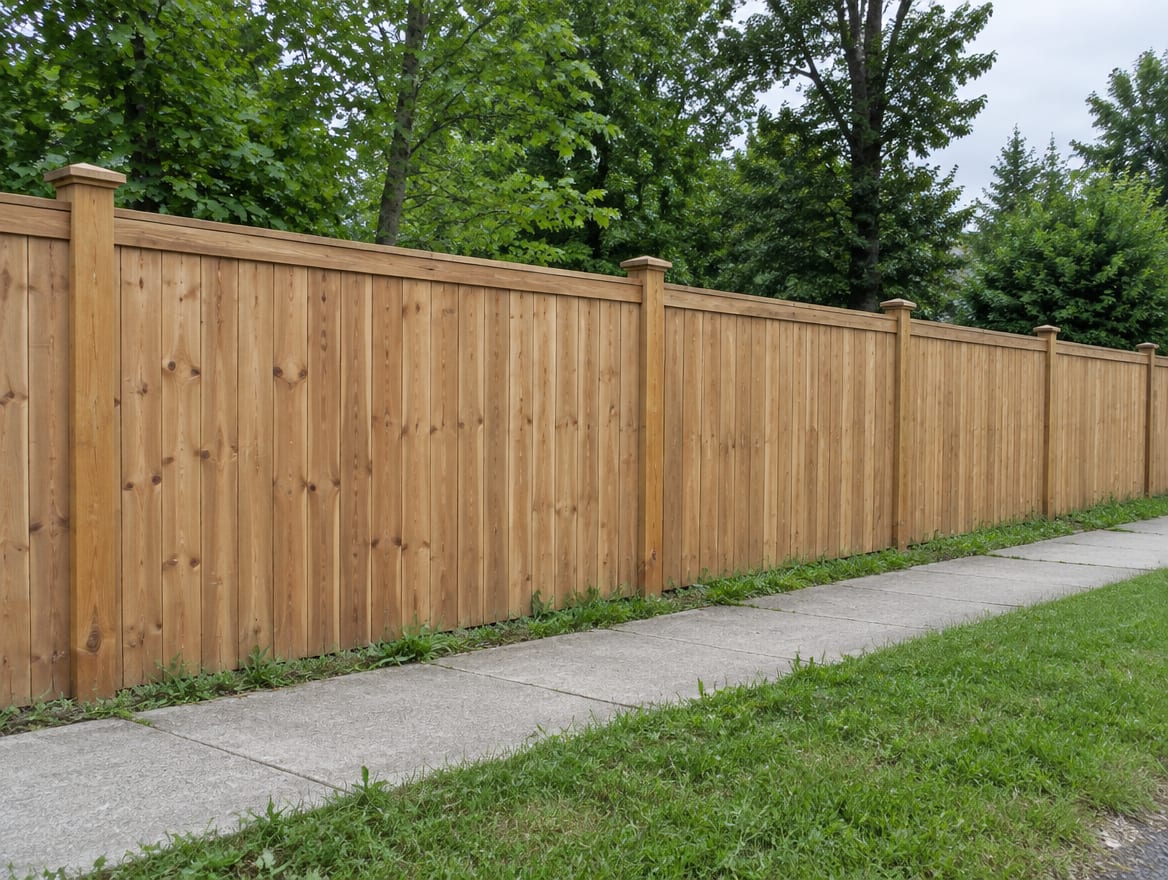 A completed wood fence seen from the street side, with the posts and rails on the inside