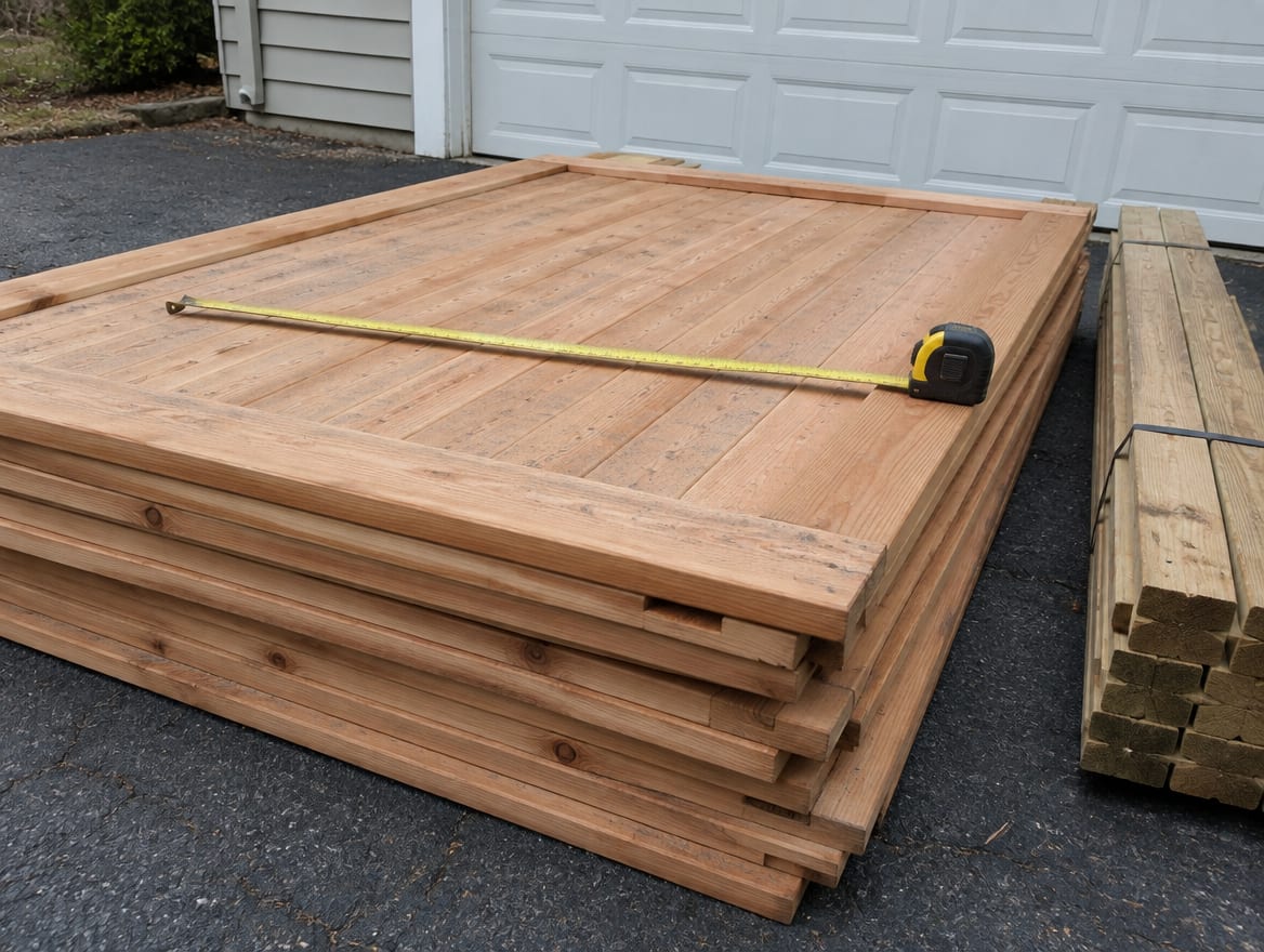 Stacked fence panels and posts on a driveway with a tape measure laid across the top panel