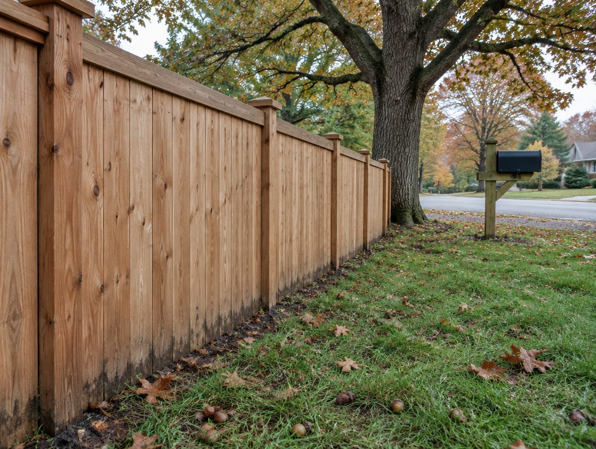 A six-foot privacy fence running across a front yard toward the street