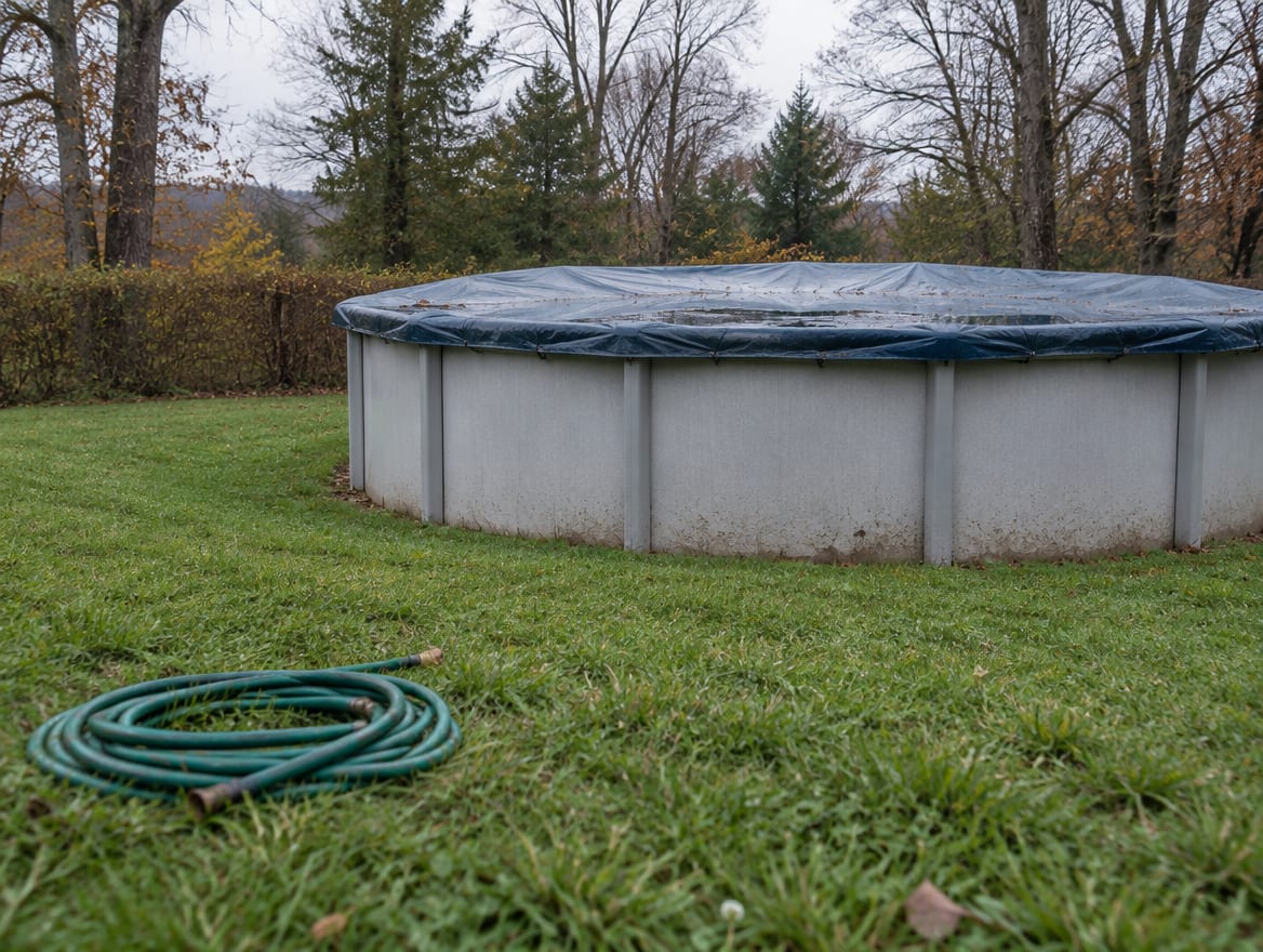 An above-ground pool in a backyard with open lawn on every side and no fence around it