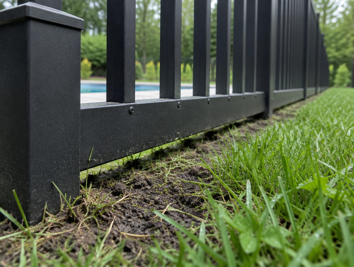 Bottom rail of an aluminum fence panel with a small gap above the lawn