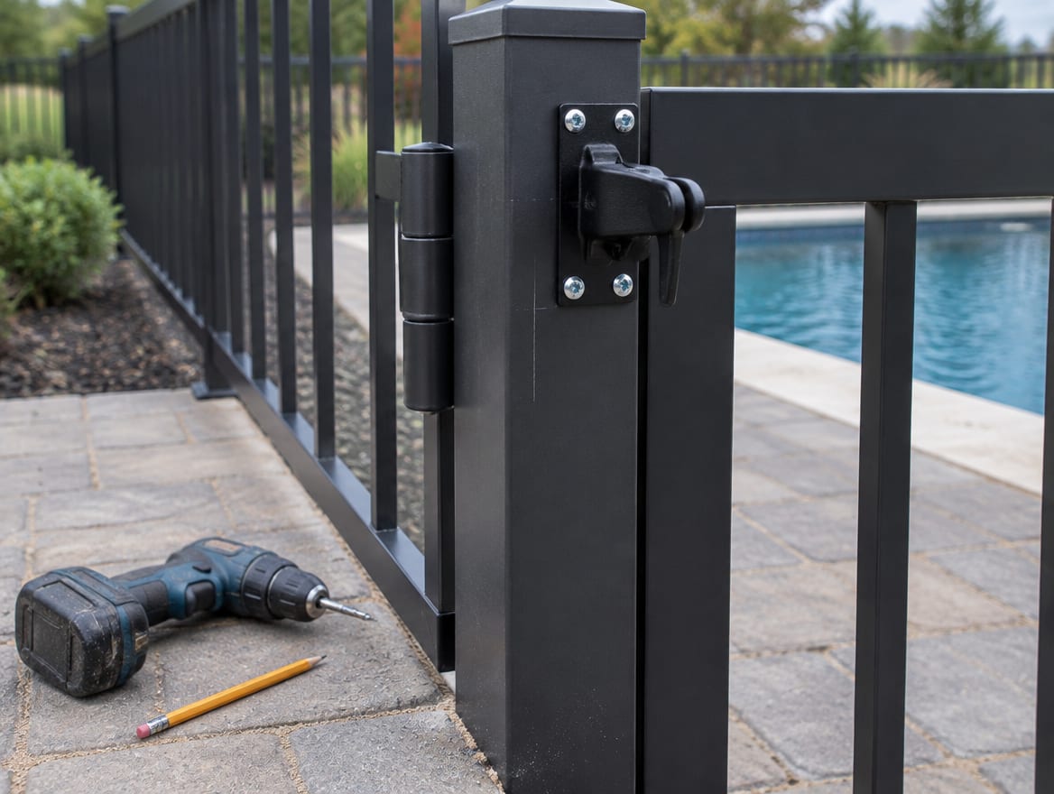 Installer mounting a latch on the post of a pool gate