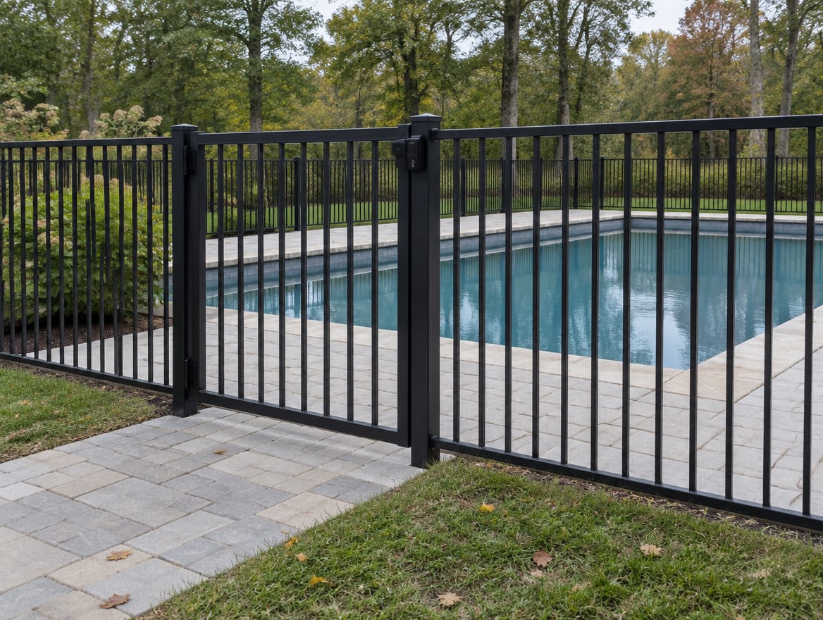 Finished aluminum pool fence with a closed gate around an in-ground pool