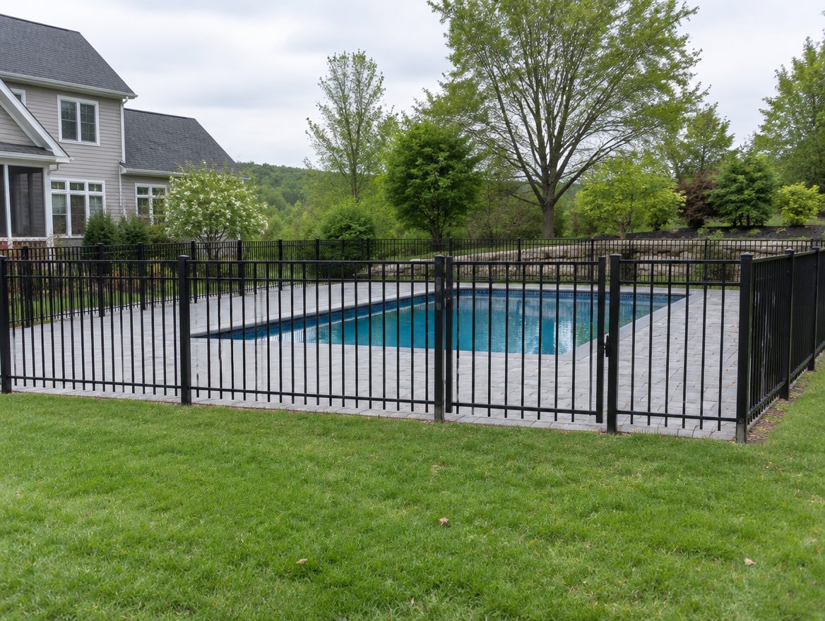 A finished aluminum pool fence enclosing a backyard pool with the gate closed and latched