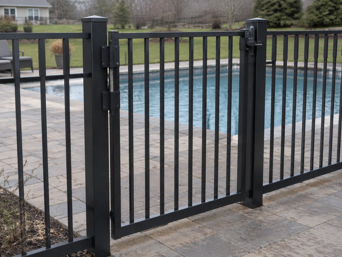 A 4-foot black aluminum pool fence section with a self-closing gate hinge and latch at pool-gate height