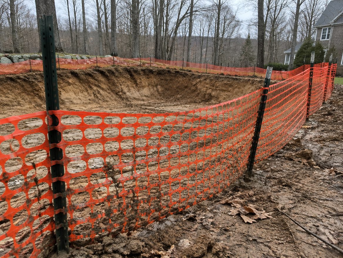 A freshly dug in-ground pool shell with temporary orange fencing along the edge of the excavation