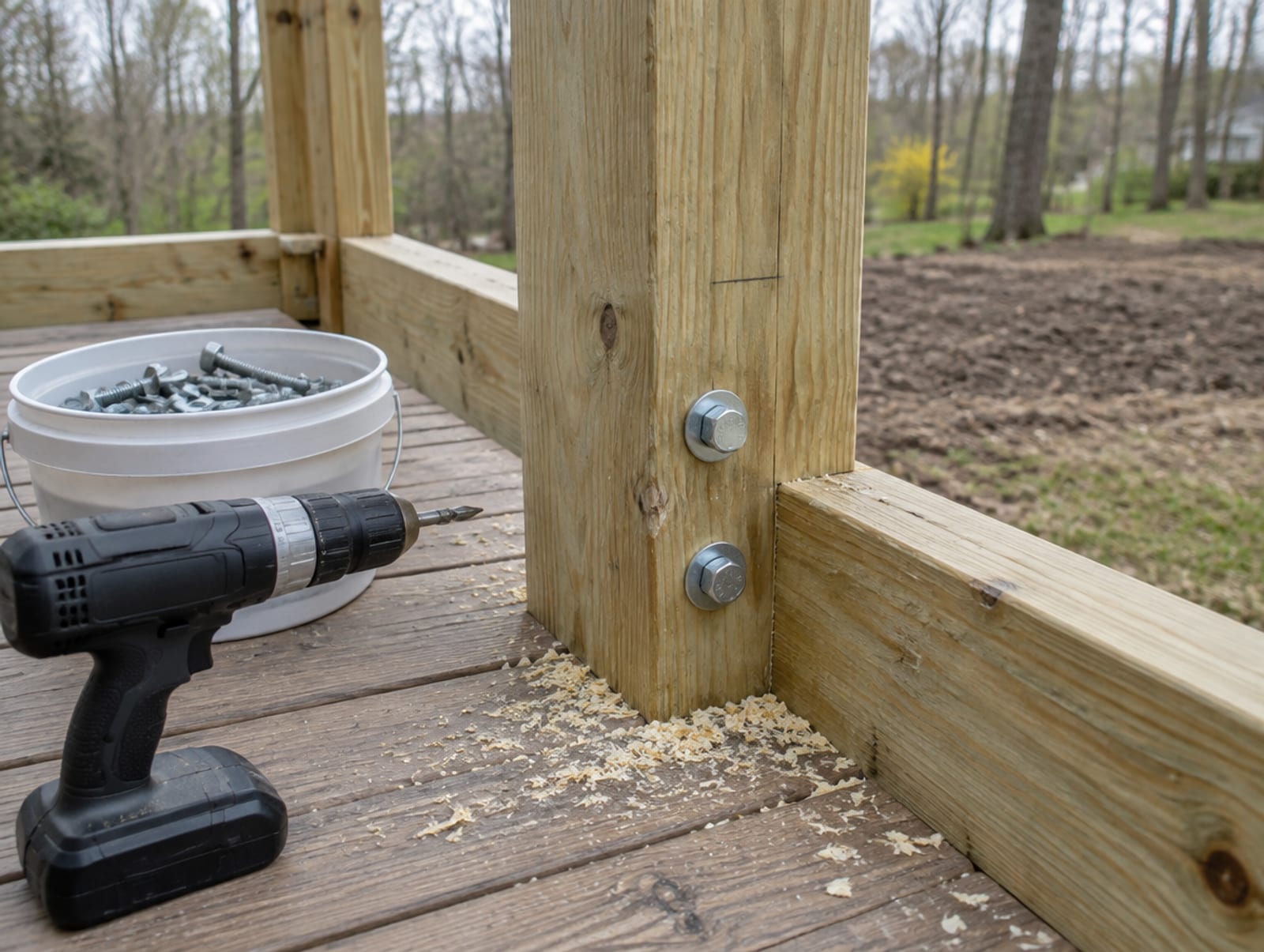Installer fastening a railing post to the edge of a porch frame with a power drill