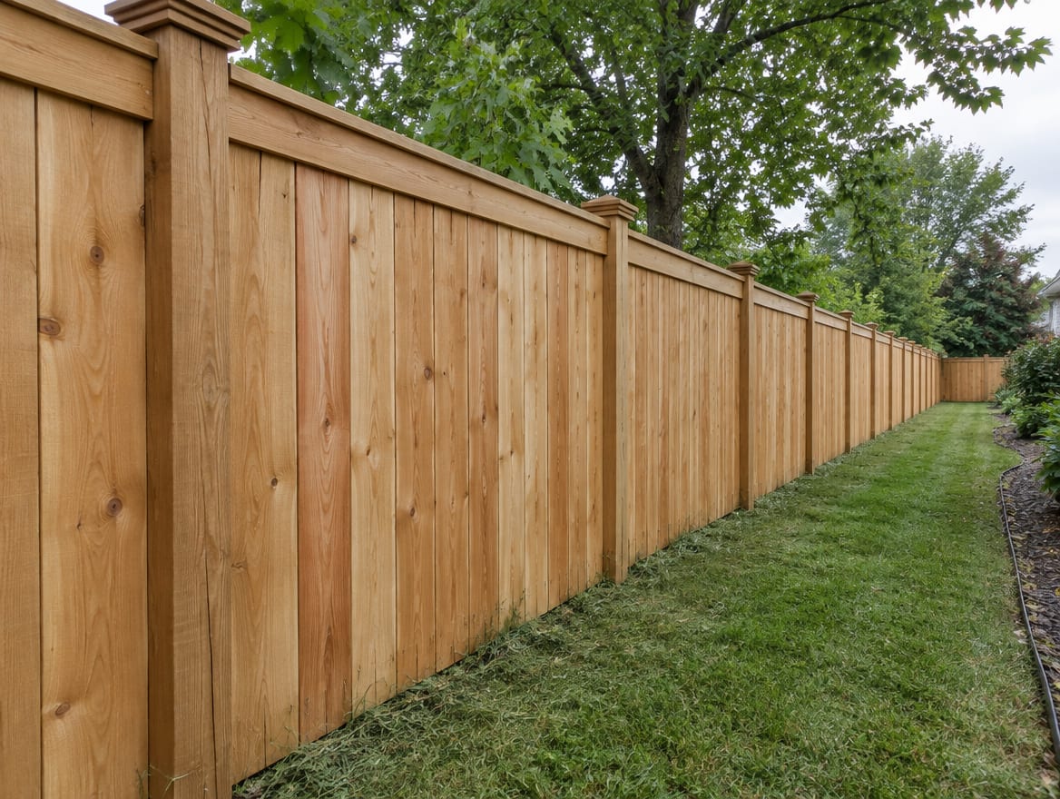 A completed six-foot wood privacy fence along a side yard