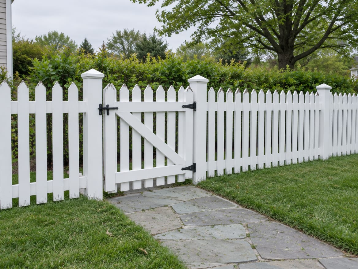 A four-foot white picket fence across a front yard with a gate