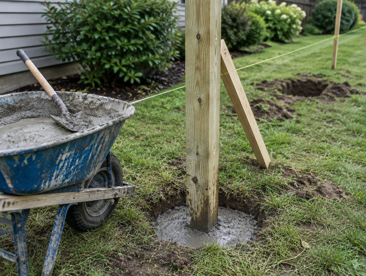 A crew setting a post in a concrete-filled hole for a six-foot privacy fence