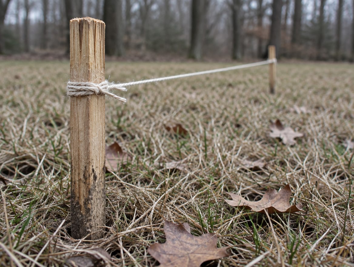 Wood stakes and string marking a proposed fence line along the edge of a back yard