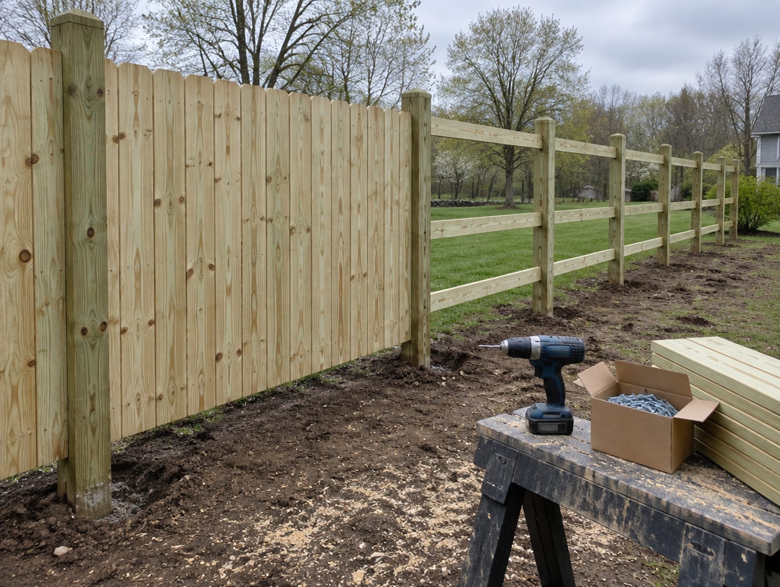 Two installers fastening wood privacy boards to rails between posts already set in the ground