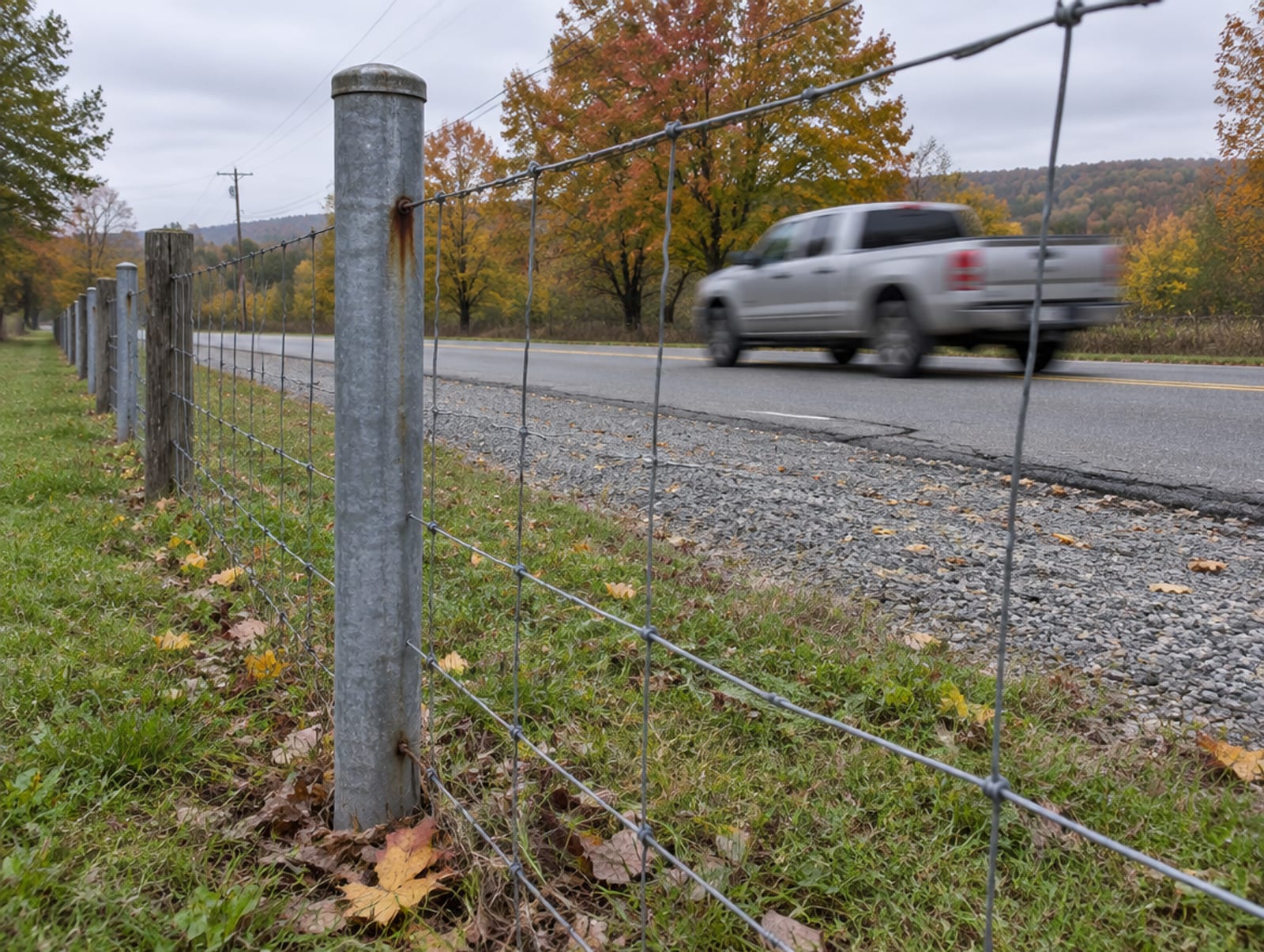 Backyard along a two-lane road with an open fence line and passing traffic visible from the yard