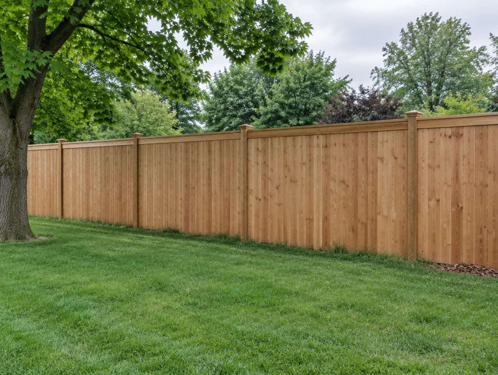 Finished solid wood privacy fence about six feet tall along the rear lot line of a residential yard