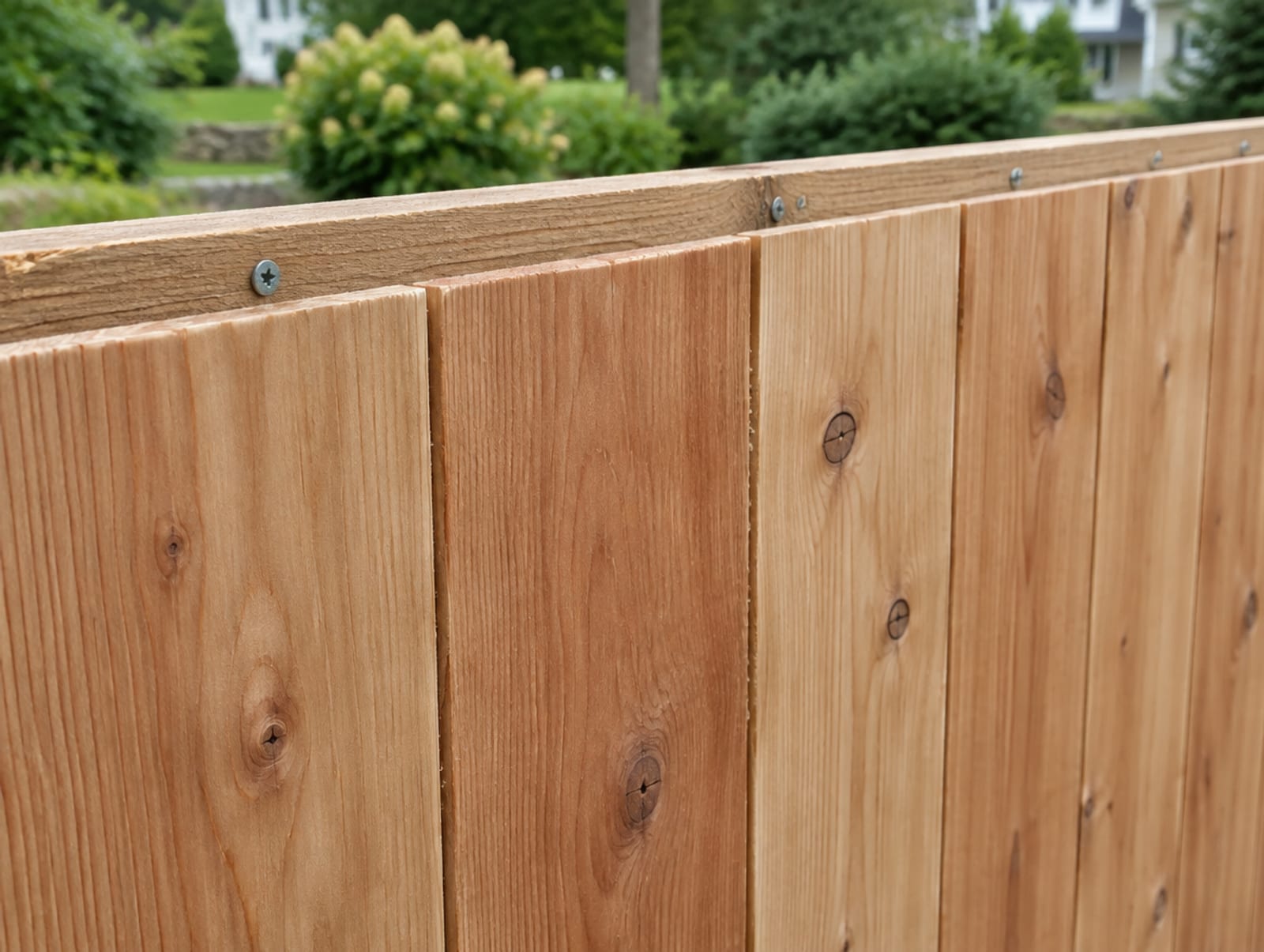 Close view of tongue-and-groove wood fence boards fitted edge to edge on a horizontal rail