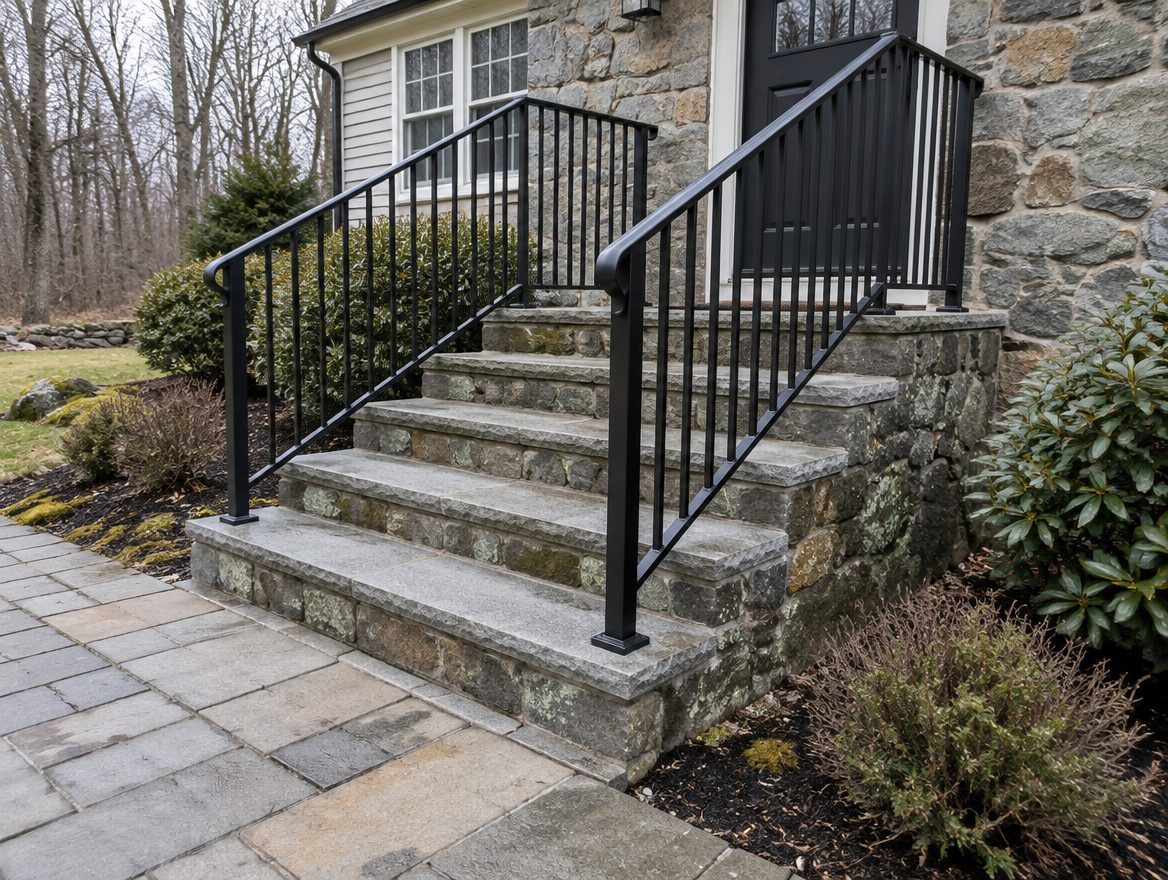 A finished black steel railing running up exterior stone steps beside a front door