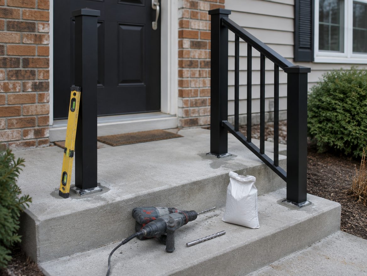A new aluminum railing section being set on a front stoop with posts anchored into the concrete