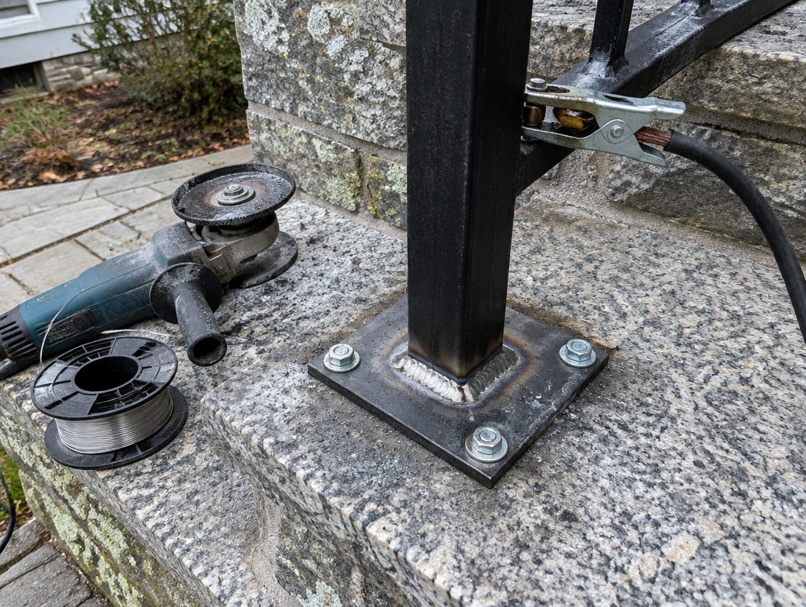 A steel stair railing being welded to a base plate at the top of a stone step