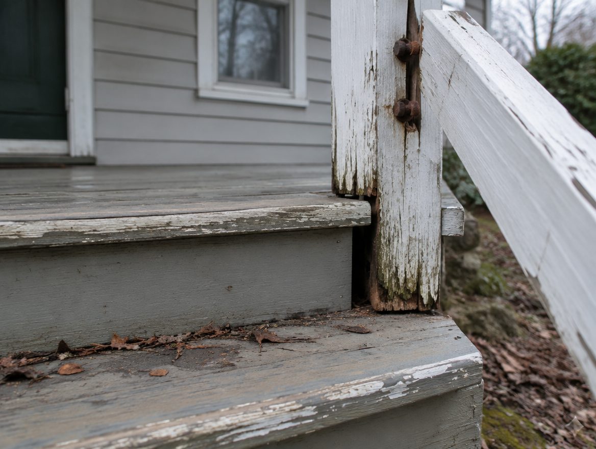 An old porch with a loose wood railing and a gap at the top step