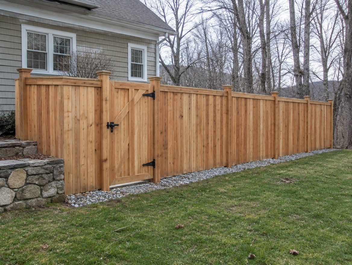 A completed 6-foot privacy fence running behind a Brewster house with a closed walk gate
