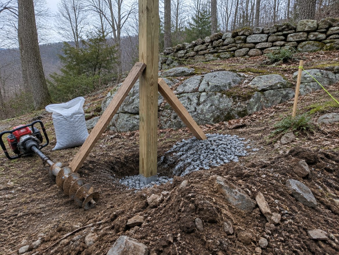 A crew setting a post in a drilled hole along a staked line on a rocky Brewster-area slope