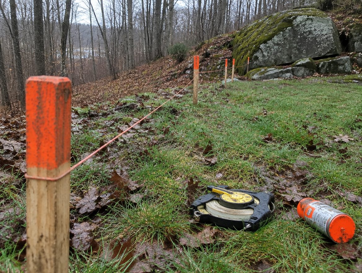 A staked and stringed fence line across a sloped back yard with a stone outcrop at one corner