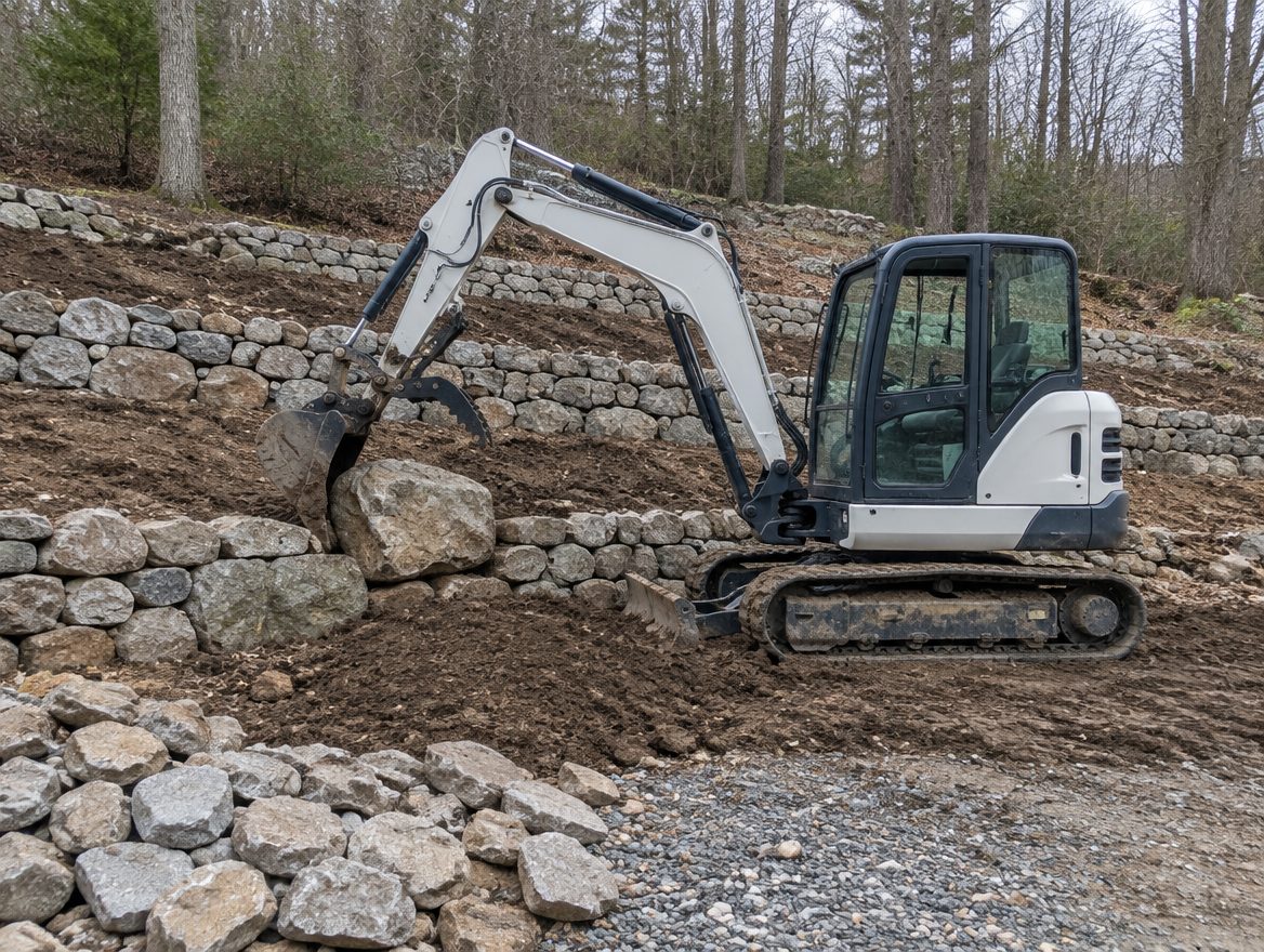 A mini-excavator setting a large boulder at the base of a terraced stone wall on a sloped yard