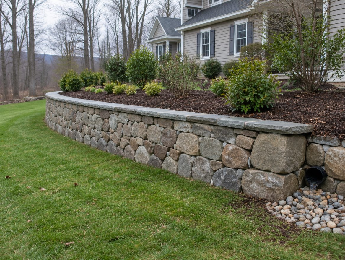 A finished curved fieldstone retaining wall with a planted bed above it and a gravel drain outlet at the end