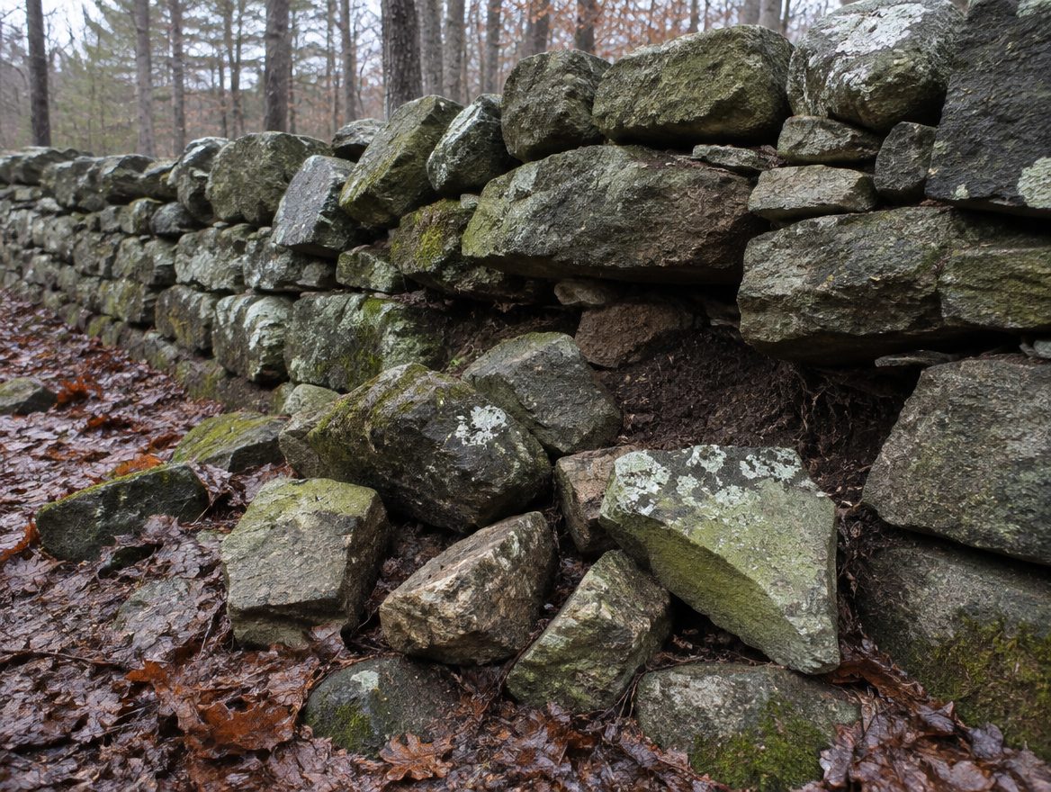 A weathered dry-laid fieldstone wall along a wooded Brewster-area property edge with a section slumped at the base
