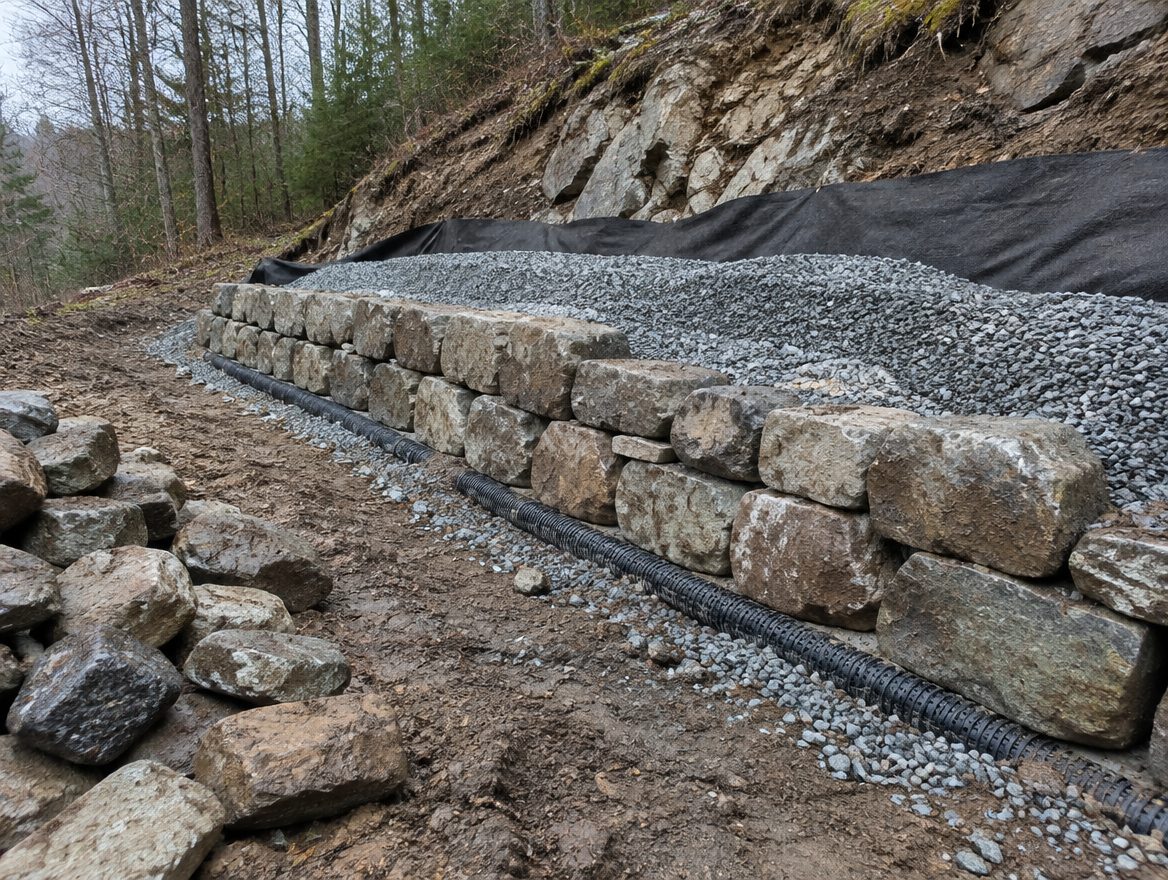 A hillside wall under construction with gravel backfill, a drain pipe and layers of fieldstone being placed
