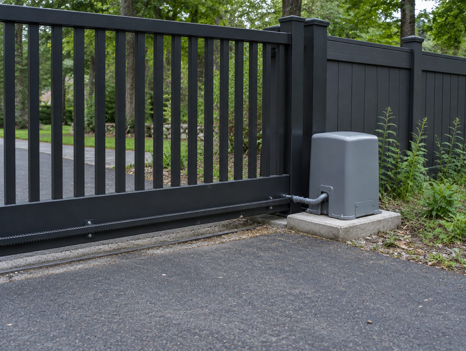 Closed sliding gate across a residential driveway with the operator housing at the side of the opening