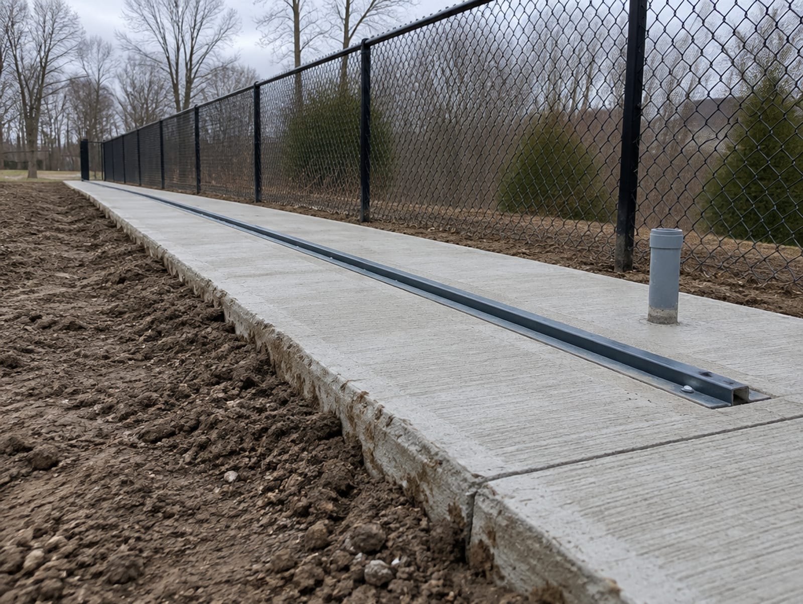 Level concrete pad with a steel track and conduit stub laid along a fence line for a sliding gate