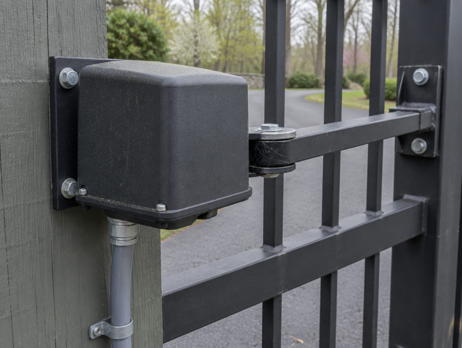 Arm-style swing gate operator mounted between a gate post and the gate frame
