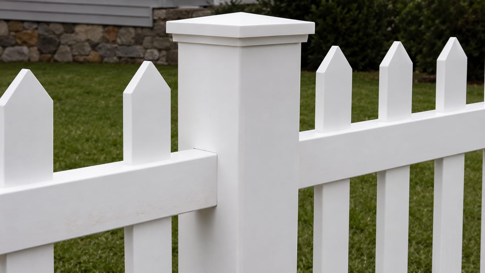A clean white vinyl picket fence lining a suburban front yard