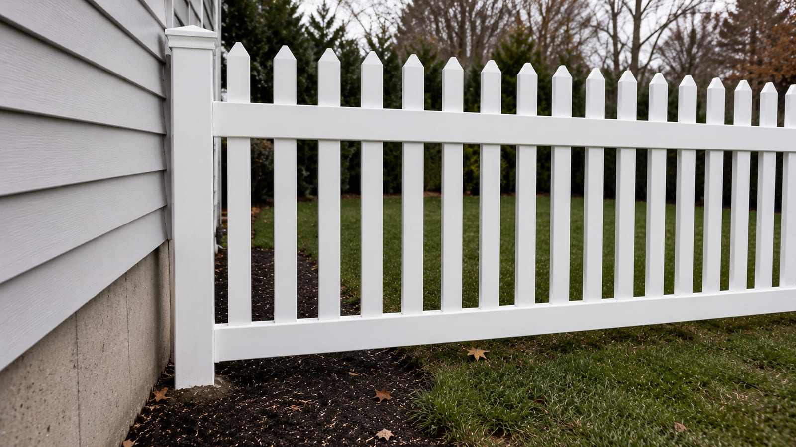 A finished vinyl picket fence with a matching gate at a residential property