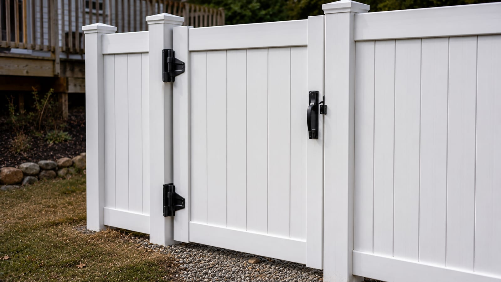 A completed vinyl privacy fence running along a Hudson Valley backyard