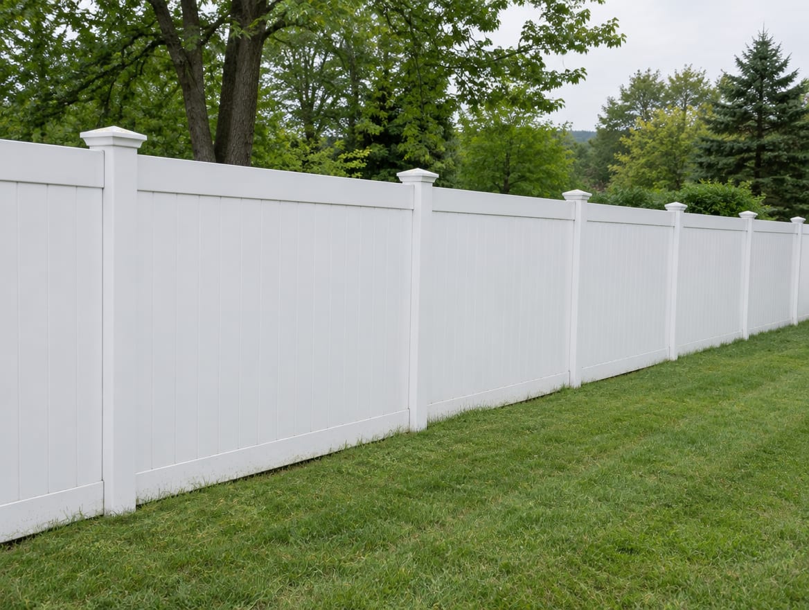 Finished six-foot white vinyl privacy fence along the back of a residential yard