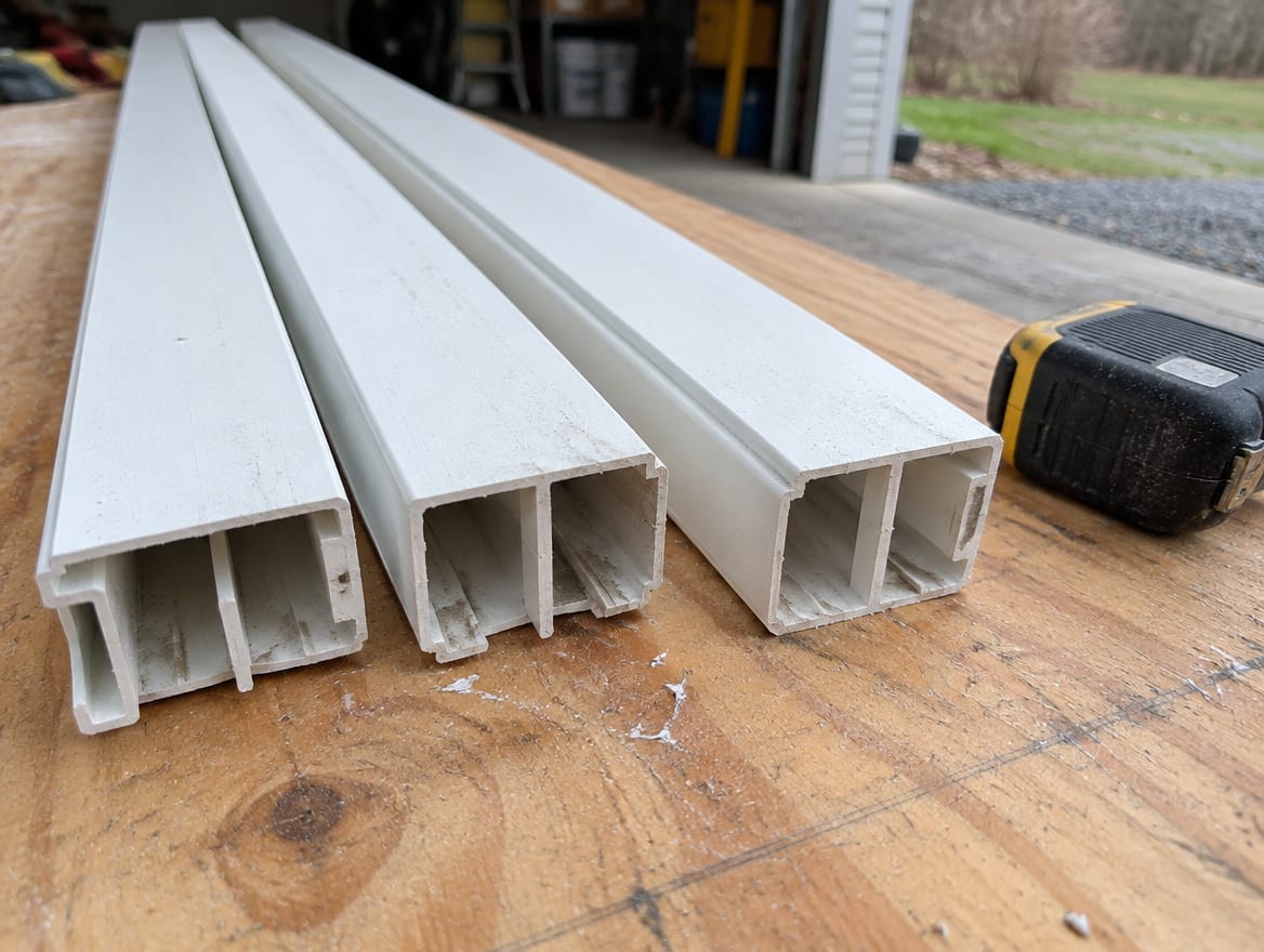Cut ends of vinyl fence rails laid on a table next to a tape measure