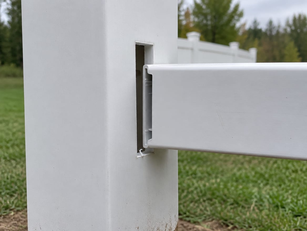 Vinyl fence rail seated in a routed post with a gap left at the rail end