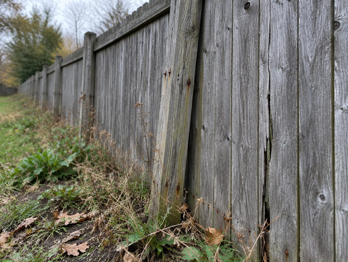 Gray weathered wood privacy fence with a post leaning out of line
