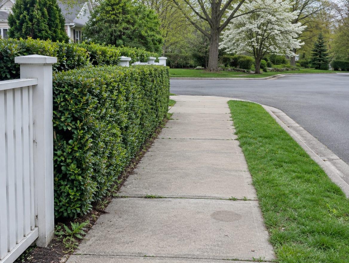 A corner lot where a low fence and hedge meet the street sidewalk