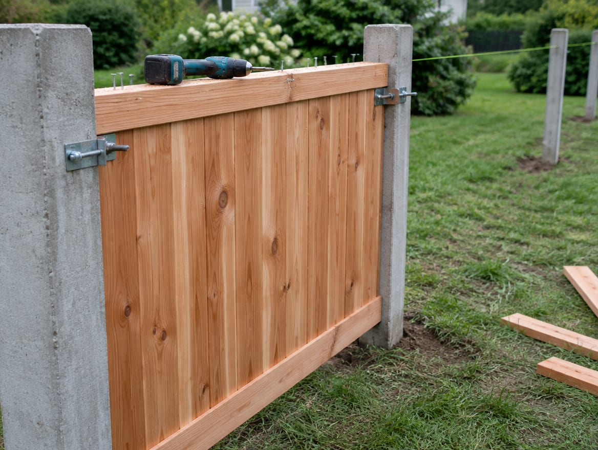 Installers fastening a wood privacy panel between two set posts
