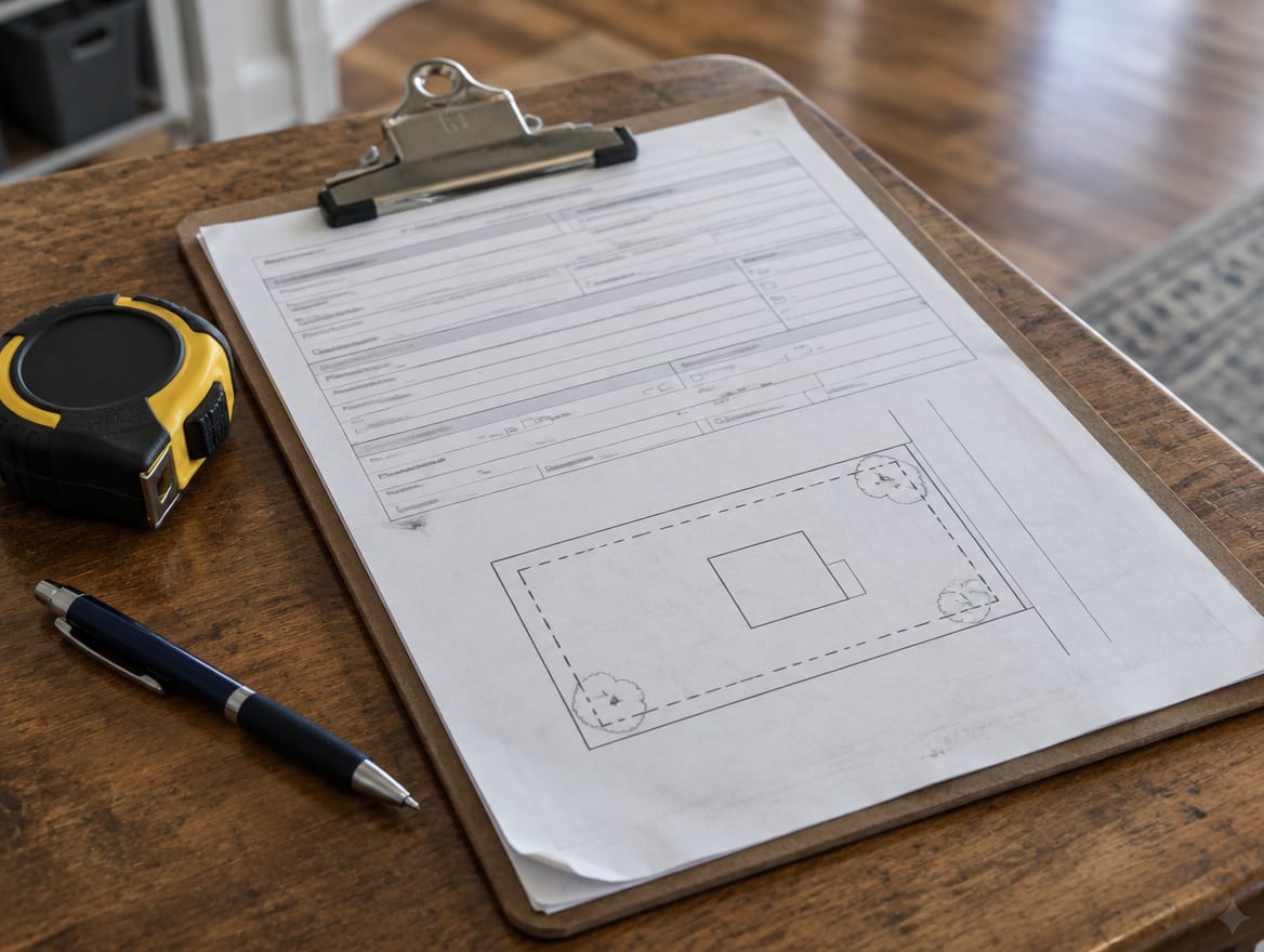 A fence permit application and a scaled plot plan on a clipboard beside a tape measure